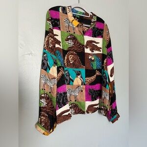 Vtg Womens 100% Silk Zoo Wildlife Animal Print Long-Sleeve Blouse in Multicolor